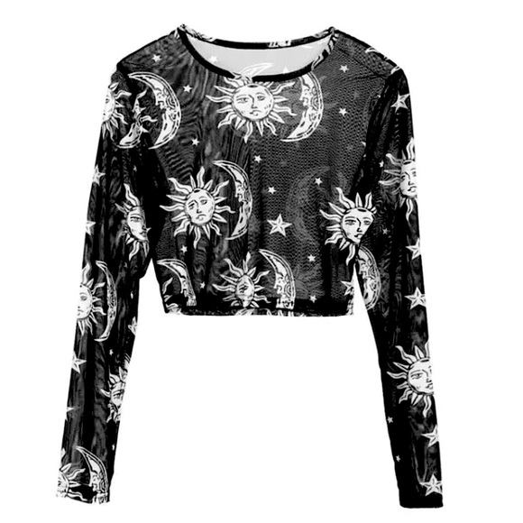 Black mesh sun moon & stars sheer crop top - Picture 6 of 15